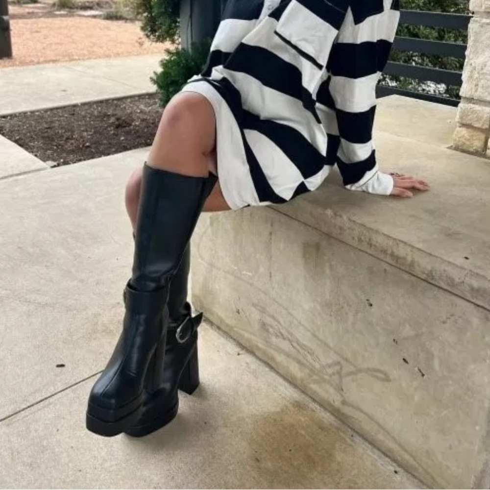 SHOE DAZZLE Black Platform Knee-High Tall Chunky Heeled Boots Shoes Size 10 - Picture 8 of 14